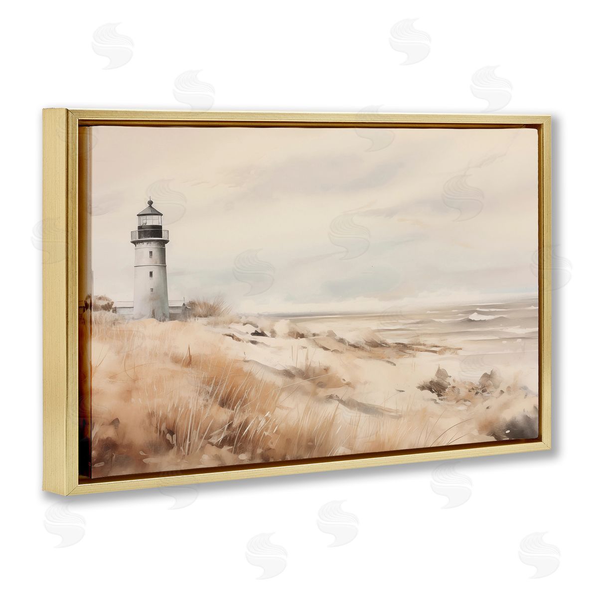 Distant Lighthouse in Neutral Tones Gold Floating Frame Canvas Wall Art, Home Decor by Arlington Prints