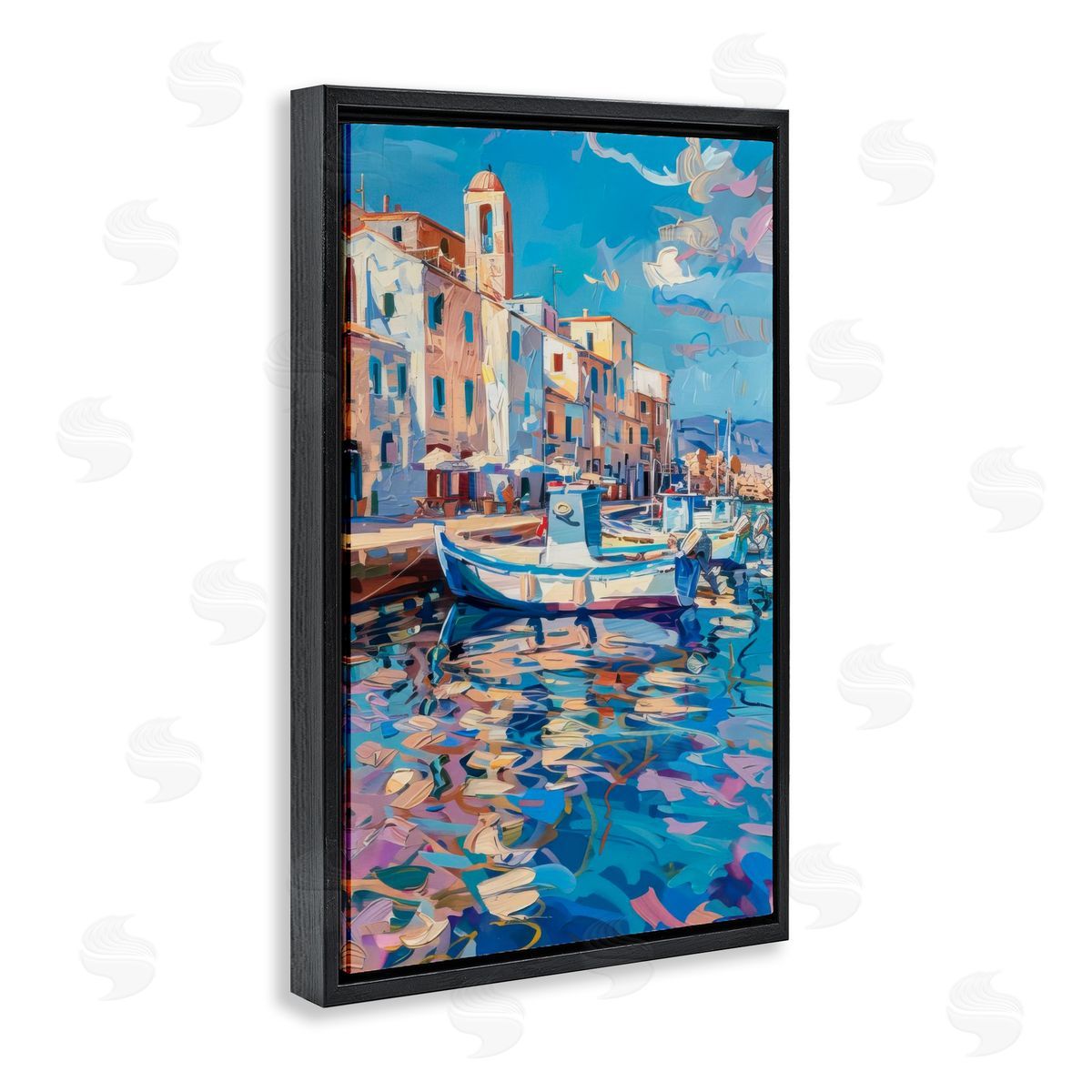 Coastal City Harbor Black Floating Frame Canvas Wall Art, Home Decor by LSR Design Studio