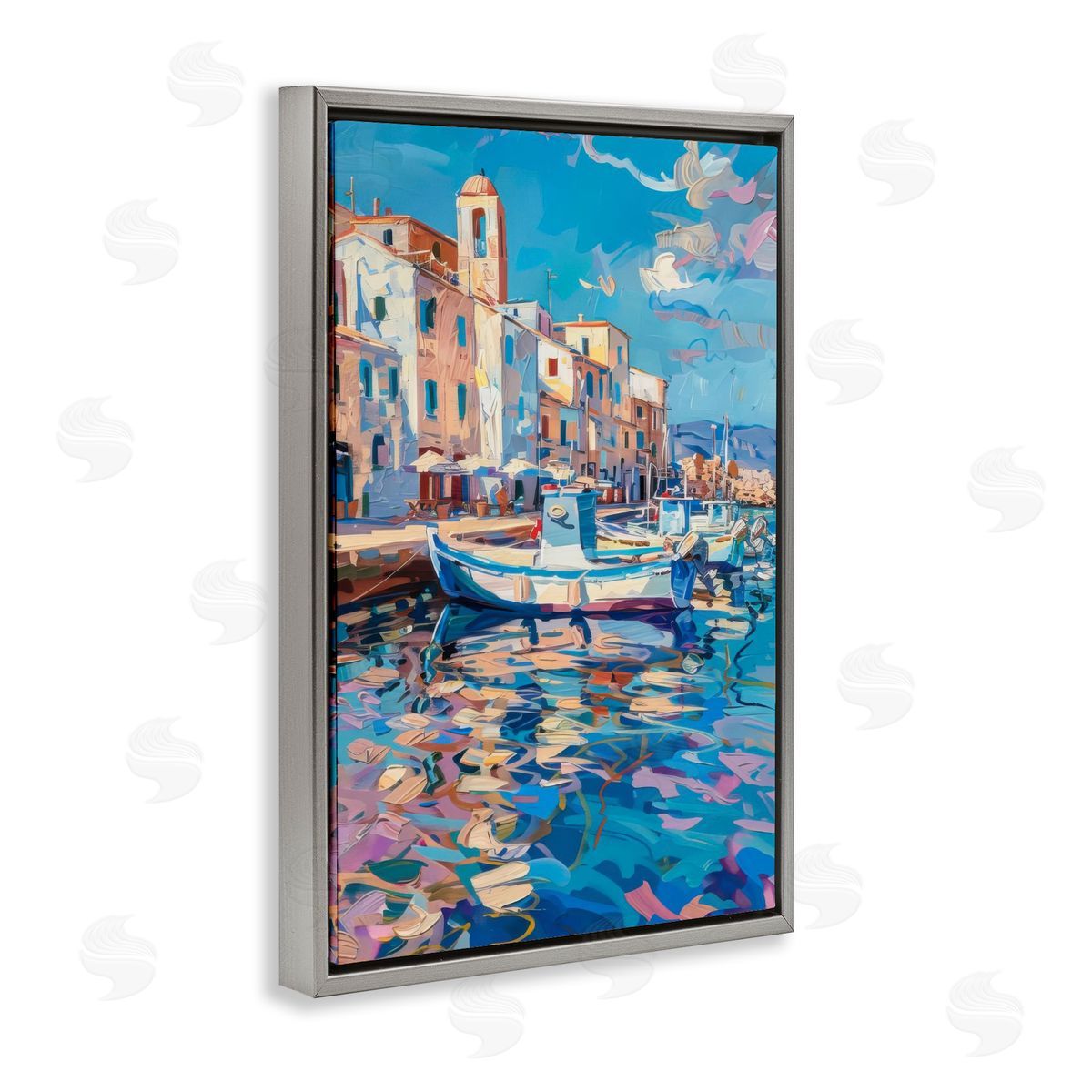 Coastal City Harbor Grey Floating Frame Canvas Wall Art, Home Decor by LSR Design Studio