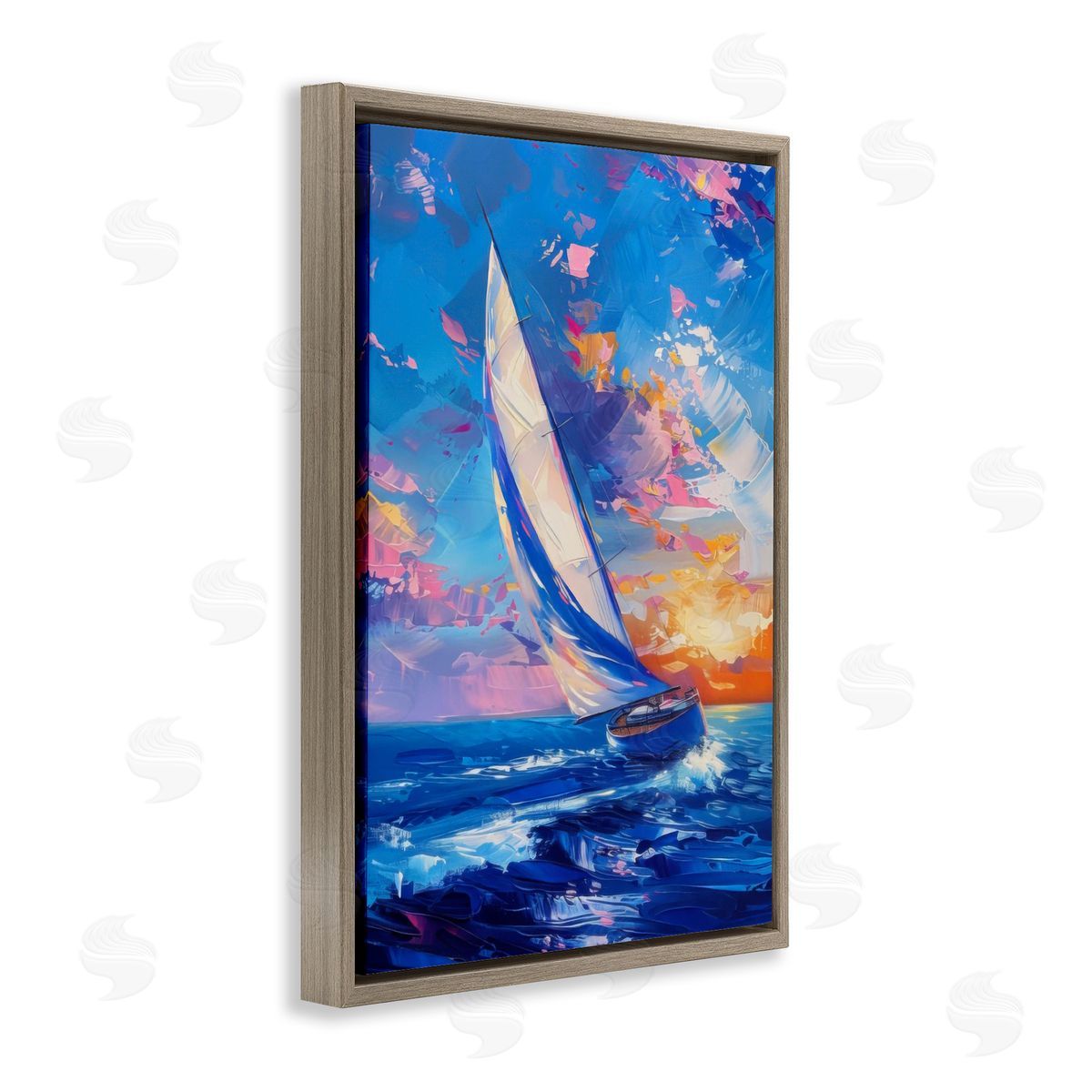 Abstract Boat at Sunset Brown Floating Frame Canvas Wall Art, Home Decor by LSR Design Studio