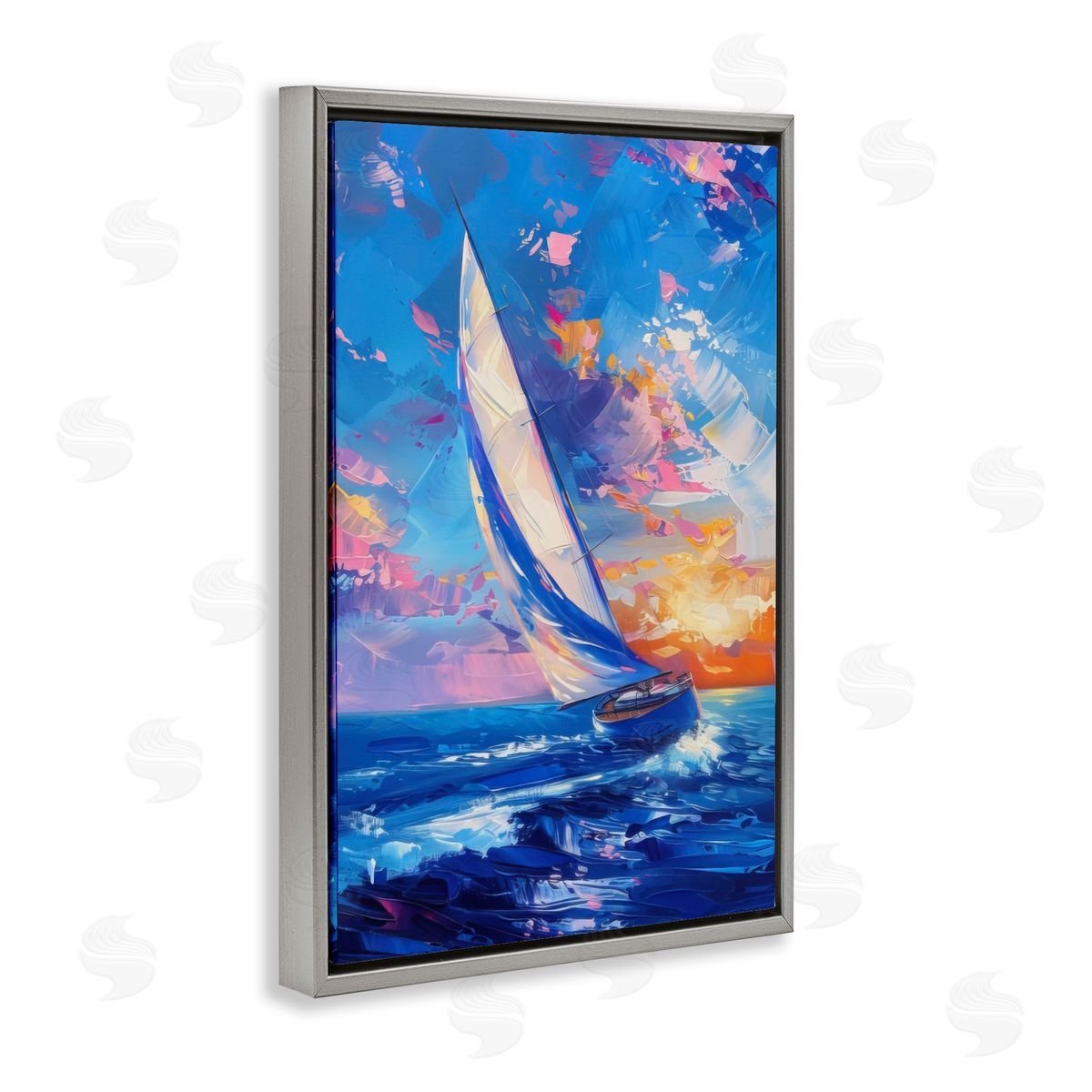 Abstract Boat at Sunset Grey Floating Frame Canvas Wall Art, Home Decor by LSR Design Studio