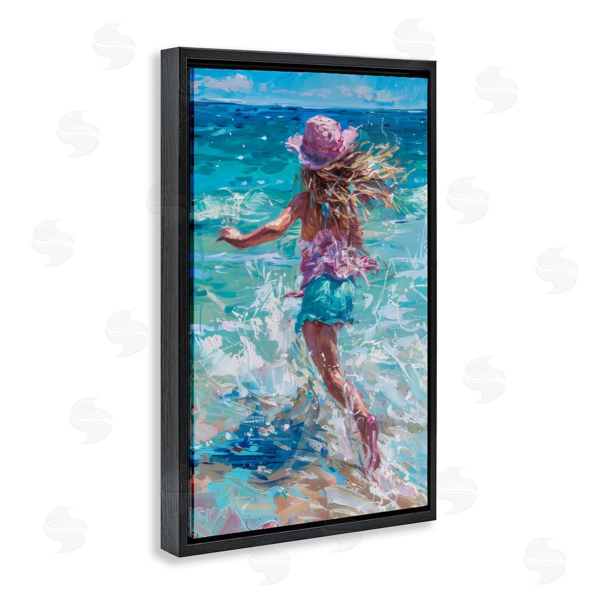 Summer Beach Fun Girl Black Floating Frame Canvas Wall Art, Home Decor by LSR Design Studio