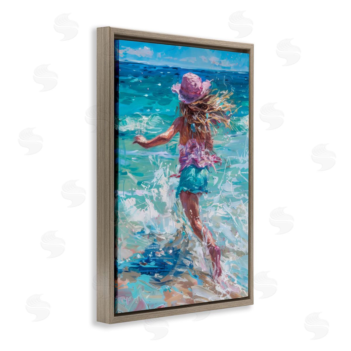 Summer Beach Fun Girl Brown Floating Frame Canvas Wall Art, Home Decor by LSR Design Studio