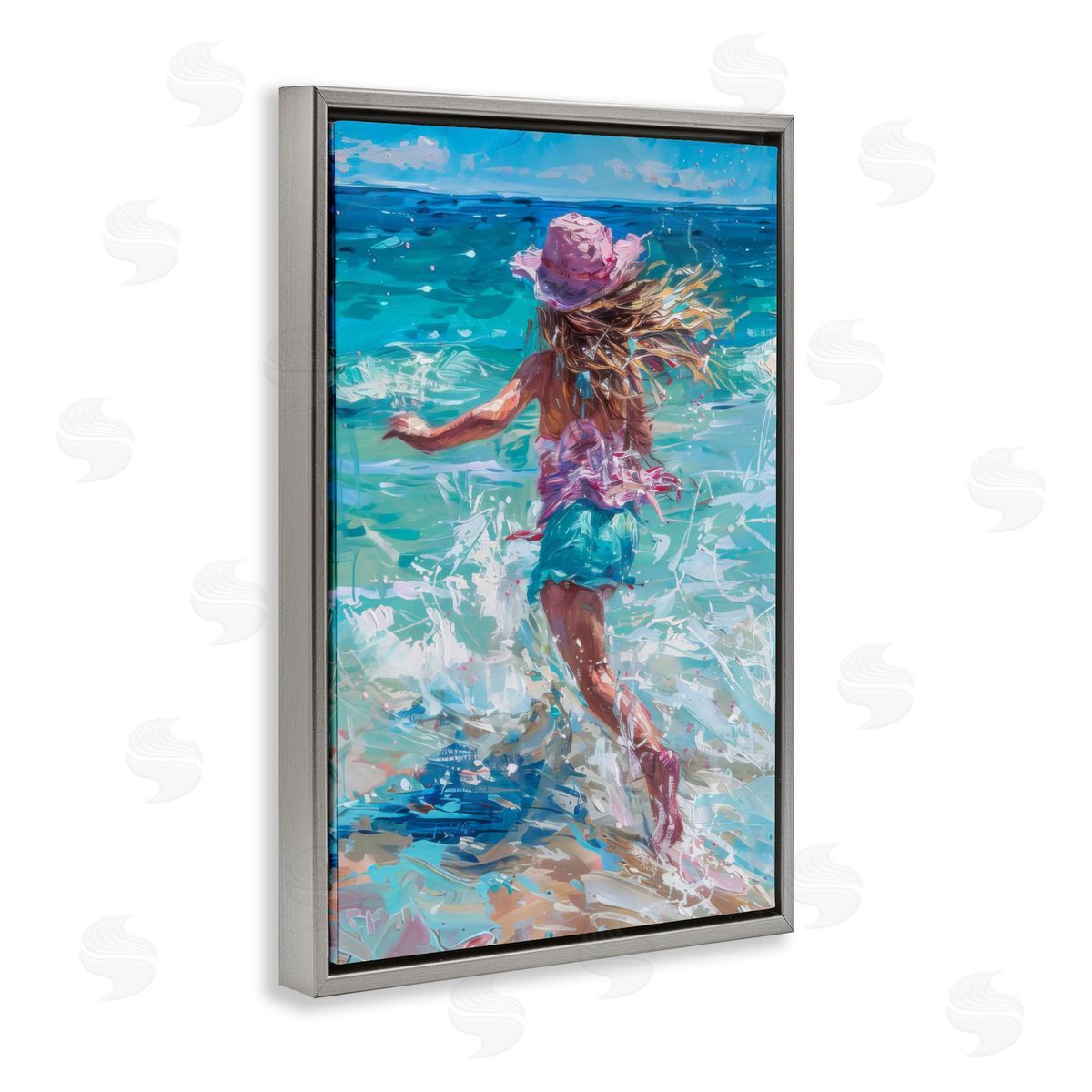 Summer Beach Fun Girl Grey Floating Frame Canvas Wall Art, Home Decor by LSR Design Studio