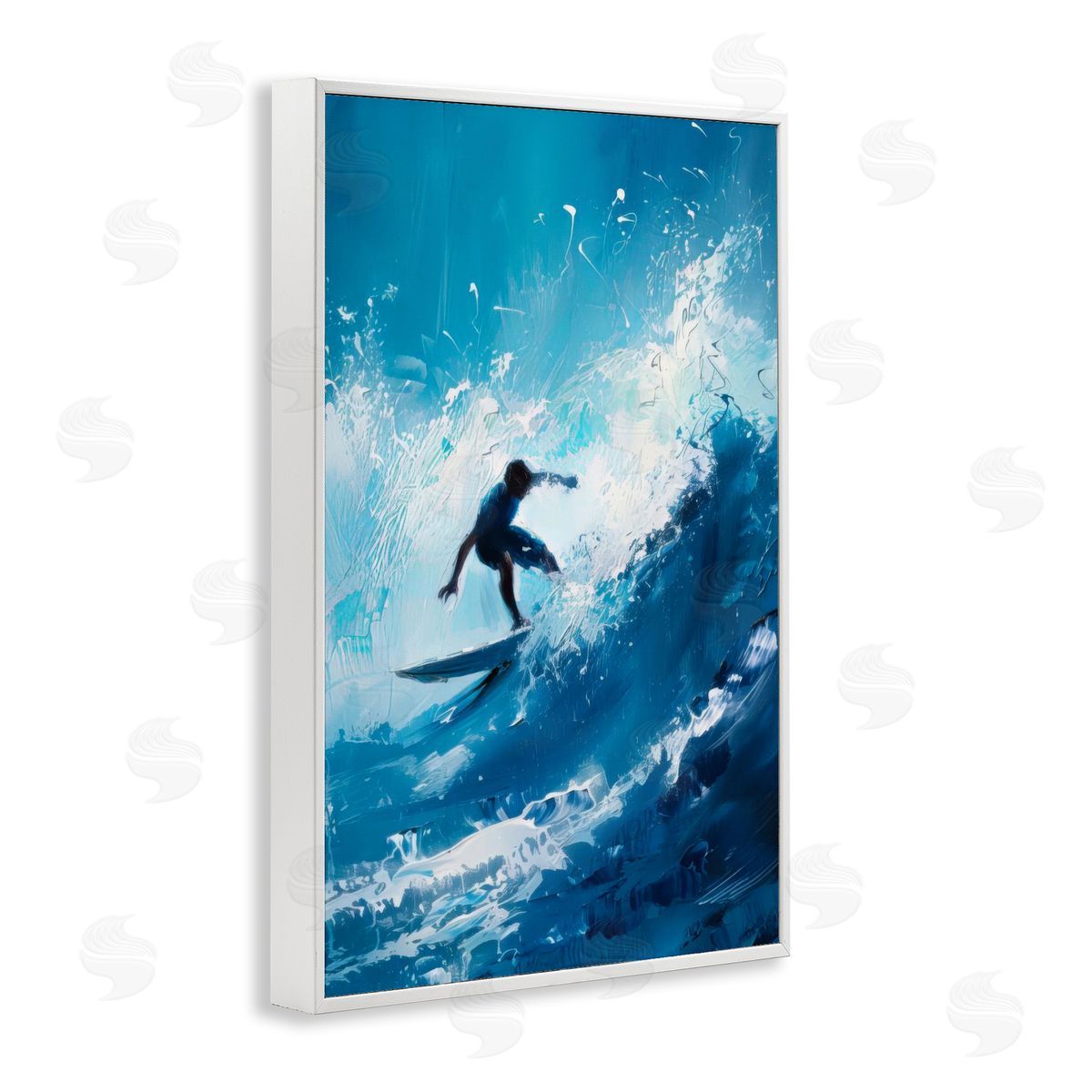 Surfer & Splashing Wave White Frame Print Wall Art, Home Decor by LSR Design Studio