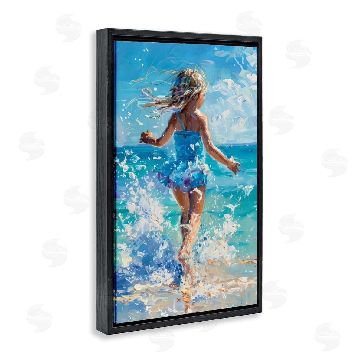 Girl Splashing on Shore Black Floating Frame Canvas Wall Art, Home Decor by LSR Design Studio