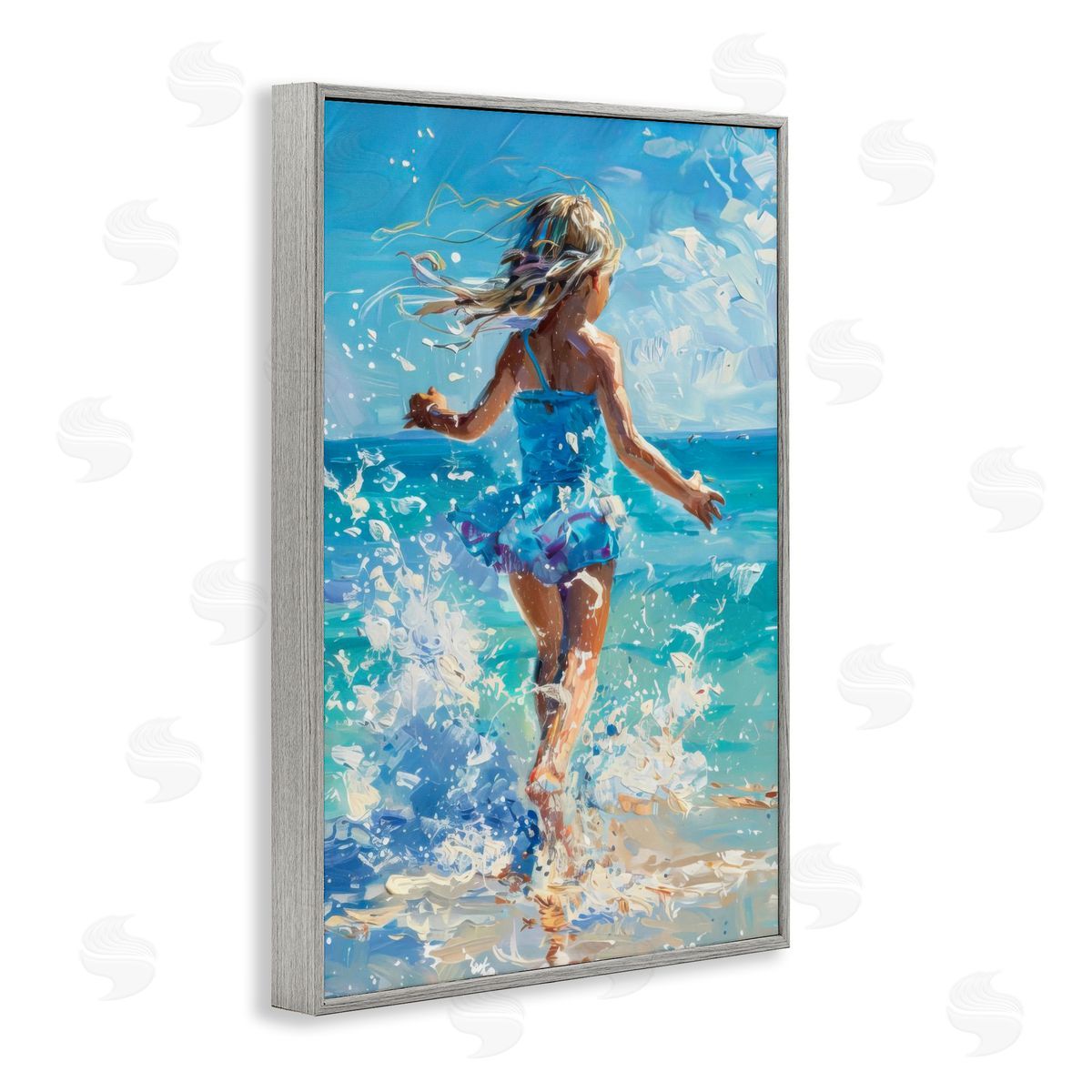 Girl Splashing on Shore Grey Frame Print Wall Art, Home Decor by LSR Design Studio