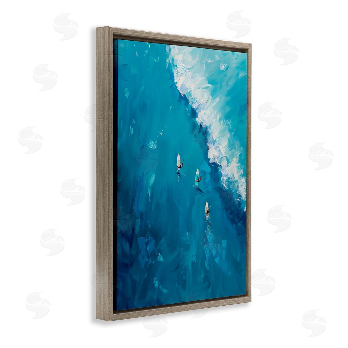 Aerial Surfers Approaching Wave Brown Floating Frame Canvas Wall Art, Home Decor by LSR Design Studio