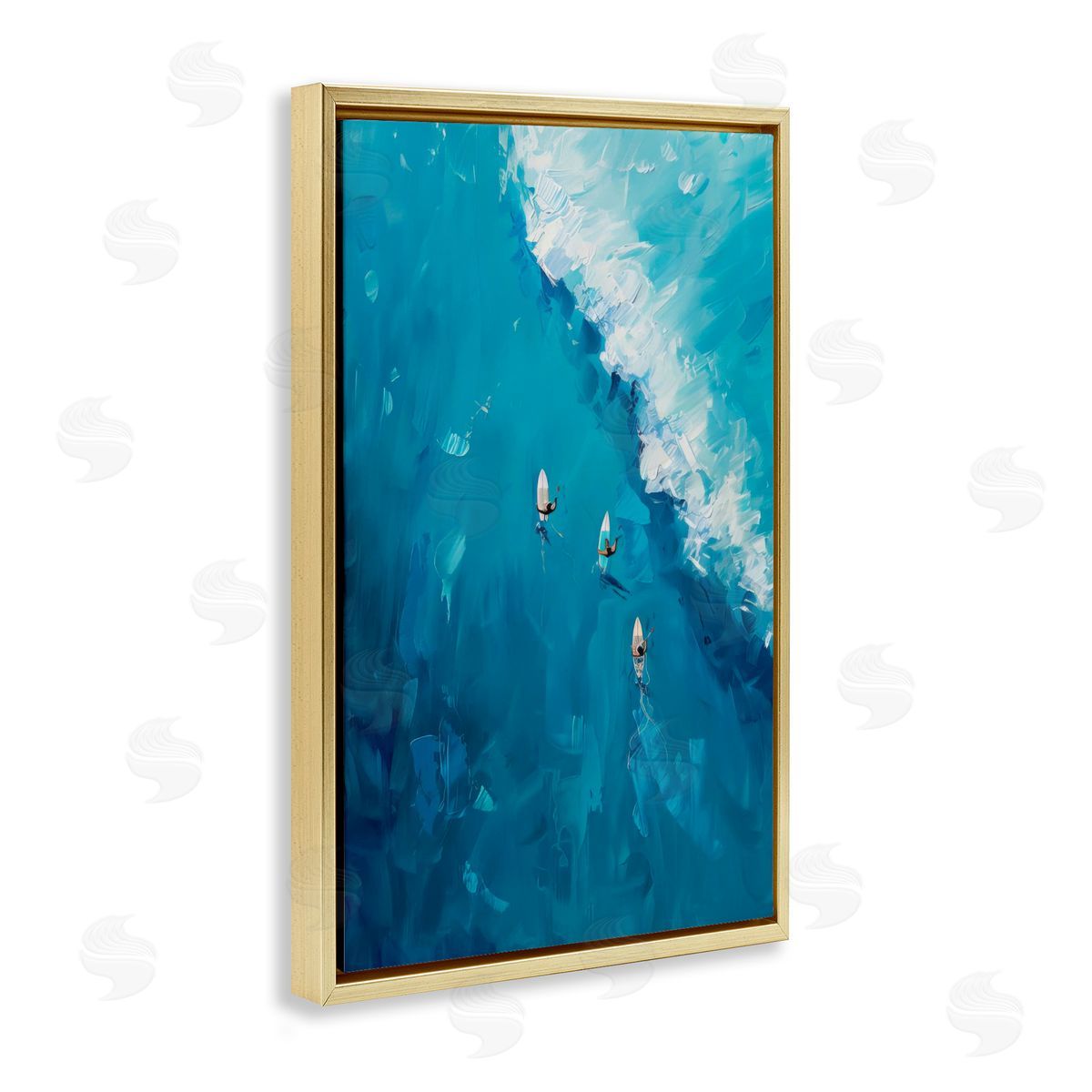 Aerial Surfers Approaching Wave Gold Floating Frame Canvas Wall Art, Home Decor by LSR Design Studio