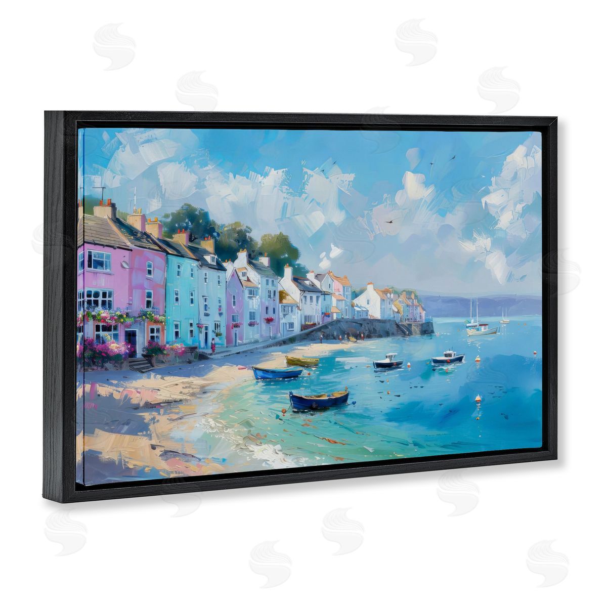Seaside Village Cottages Black Floating Frame Canvas Wall Art, Home Decor by LSR Design Studio