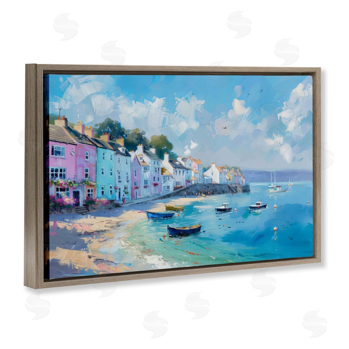 Seaside Village Cottages Brown Floating Frame Canvas Wall Art, Home Decor by LSR Design Studio