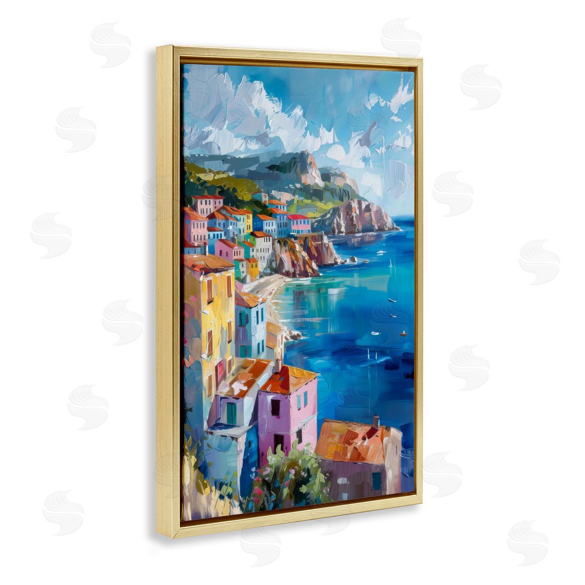 View Over Coastal Town Gold Floating Frame Canvas Wall Art, Home Decor by LSR Design Studio