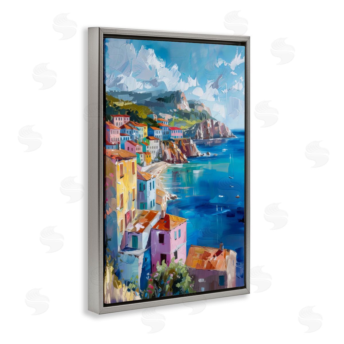 View Over Coastal Town Grey Floating Frame Canvas Wall Art, Home Decor by LSR Design Studio