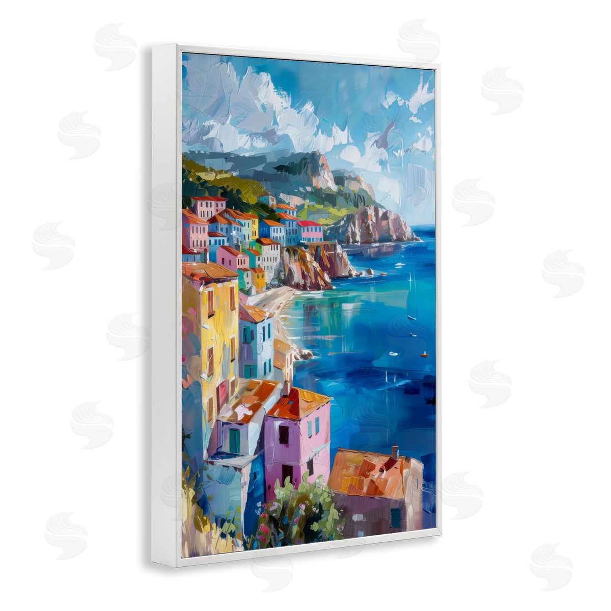 View Over Coastal Town White Frame Print Wall Art, Home Decor by LSR Design Studio