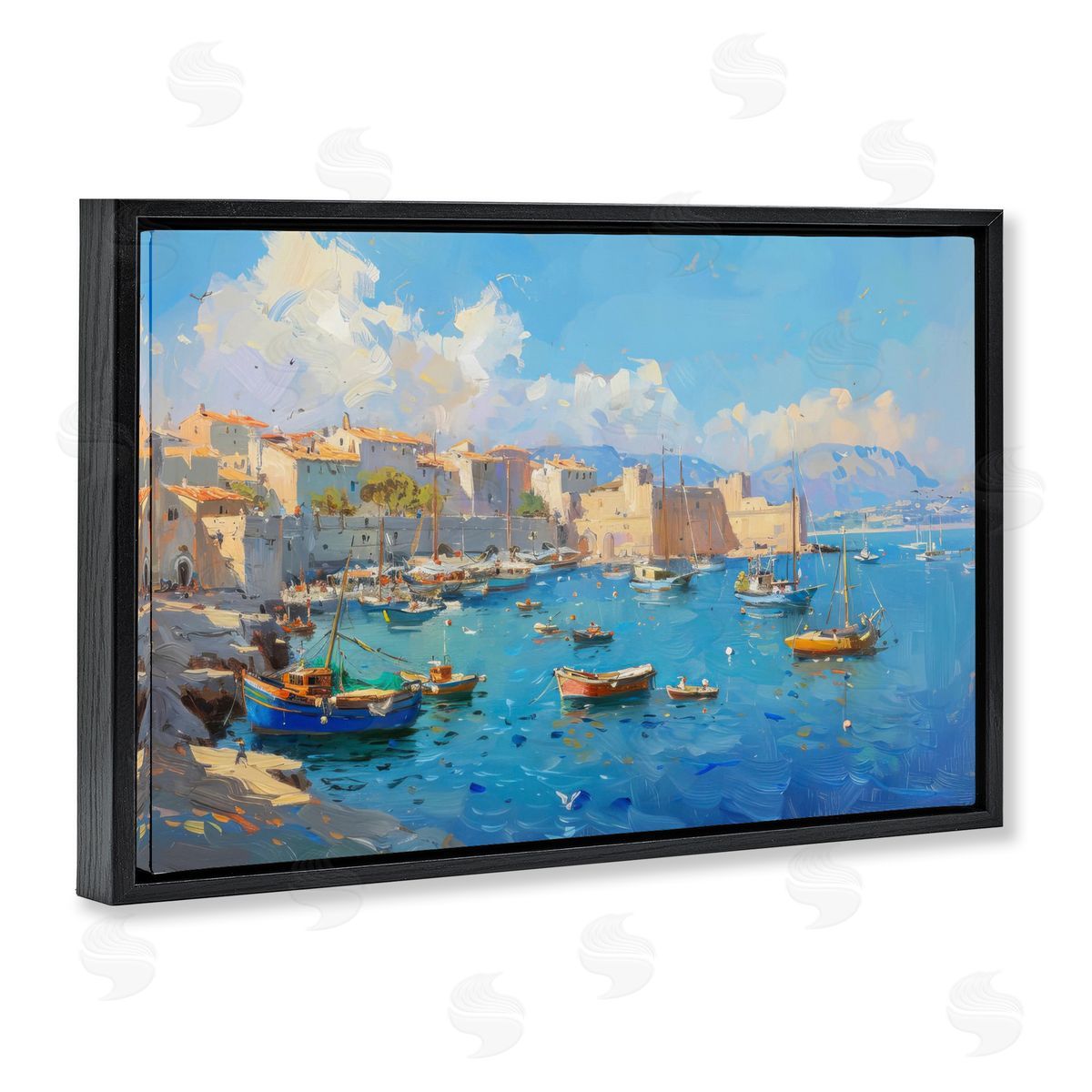 Nautical Harbor Coastal Town Black Floating Frame Canvas Wall Art, Home Decor by LSR Design Studio