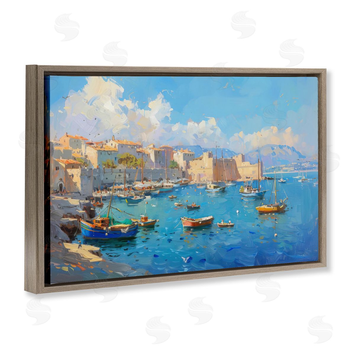 Nautical Harbor Coastal Town Brown Floating Frame Canvas Wall Art, Home Decor by LSR Design Studio