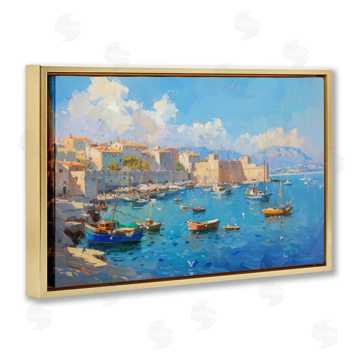 Nautical Harbor Coastal Town Gold Floating Frame Canvas Wall Art, Home Decor by LSR Design Studio