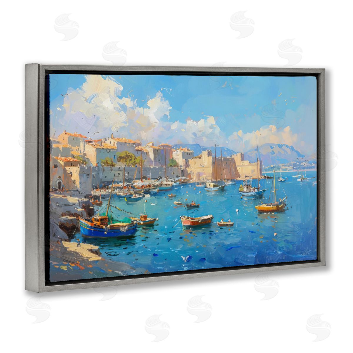 Nautical Harbor Coastal Town Grey Floating Frame Canvas Wall Art, Home Decor by LSR Design Studio