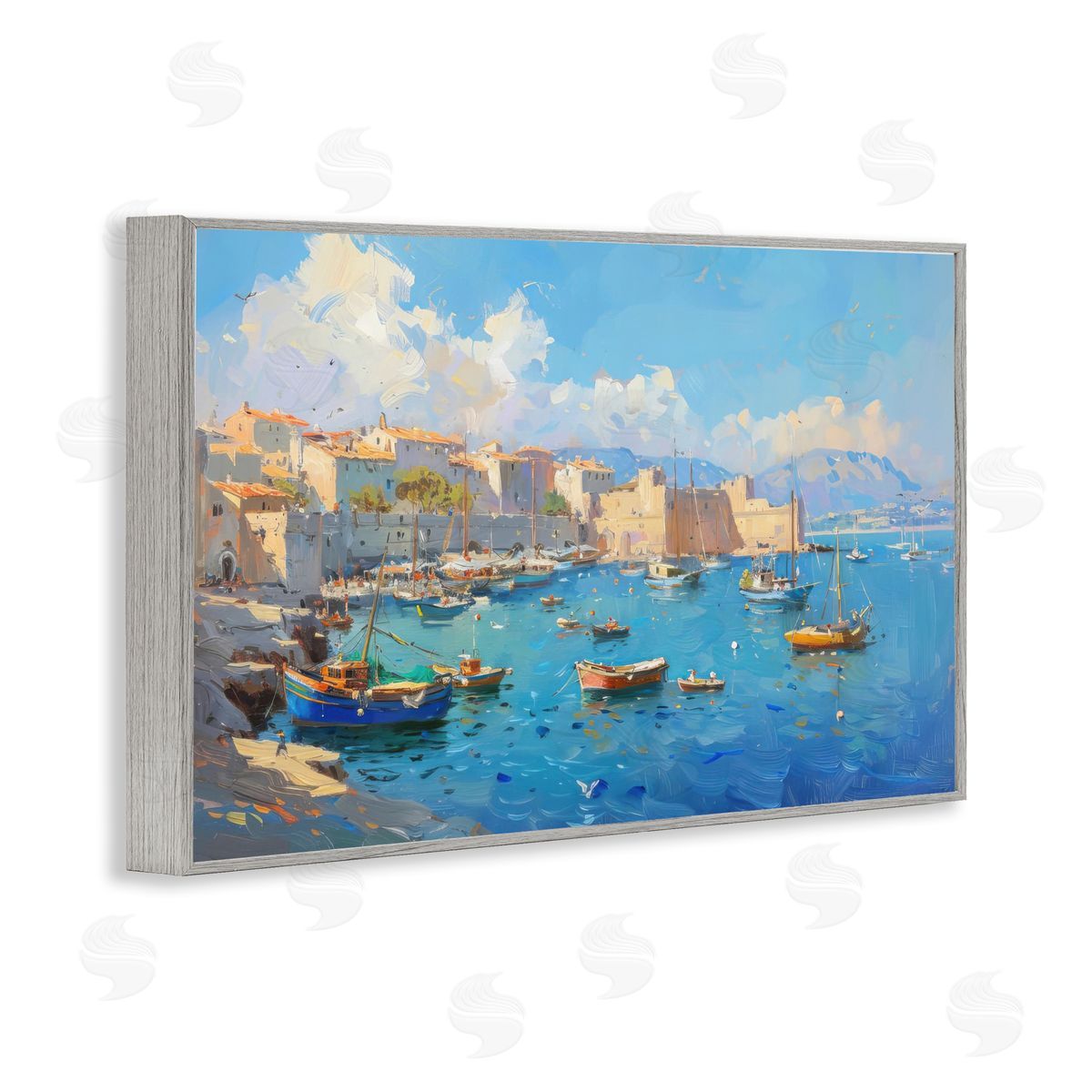 Nautical Harbor Coastal Town Grey Frame Print Wall Art, Home Decor by LSR Design Studio