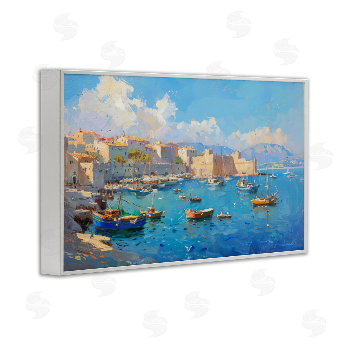 Nautical Harbor Coastal Town White Frame Print Wall Art, Home Decor by LSR Design Studio