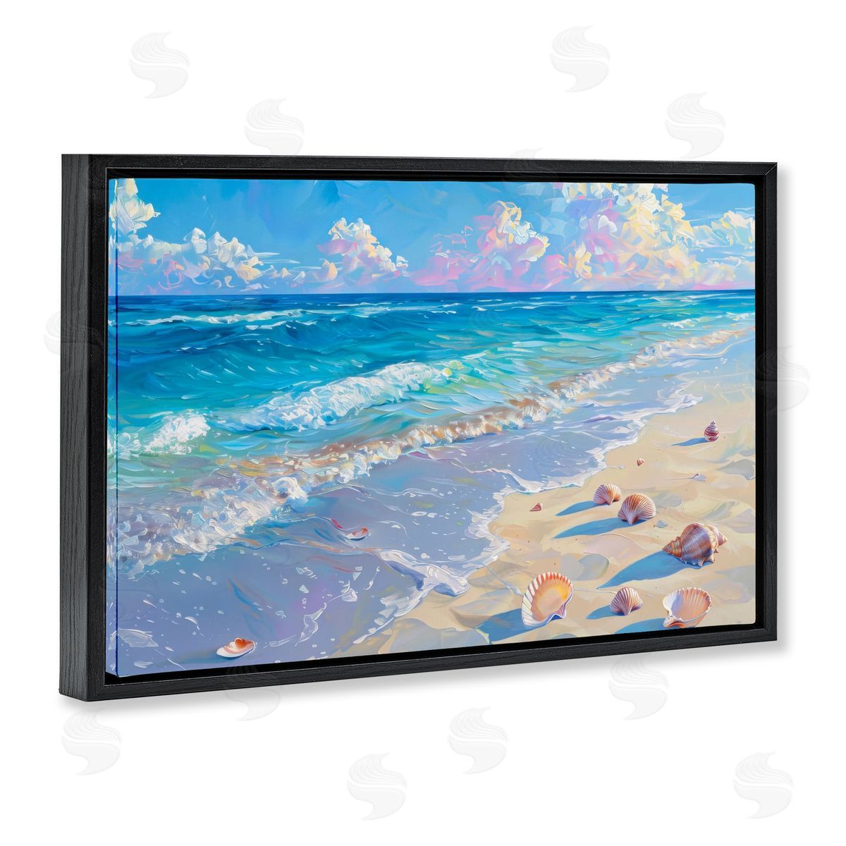 Seashells Along Sea Shore Black Floating Frame Canvas Wall Art, Home Decor by LSR Design Studio