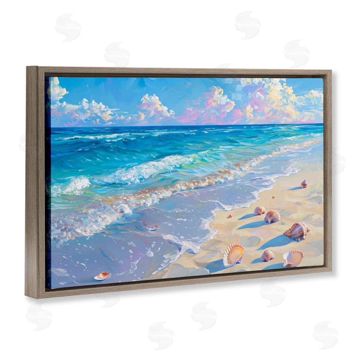 Seashells Along Sea Shore Brown Floating Frame Canvas Wall Art, Home Decor by LSR Design Studio