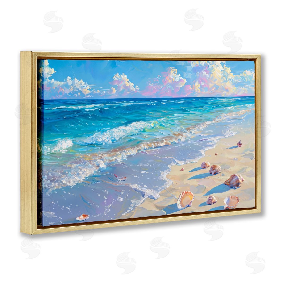 Seashells Along Sea Shore Gold Floating Frame Canvas Wall Art, Home Decor by LSR Design Studio
