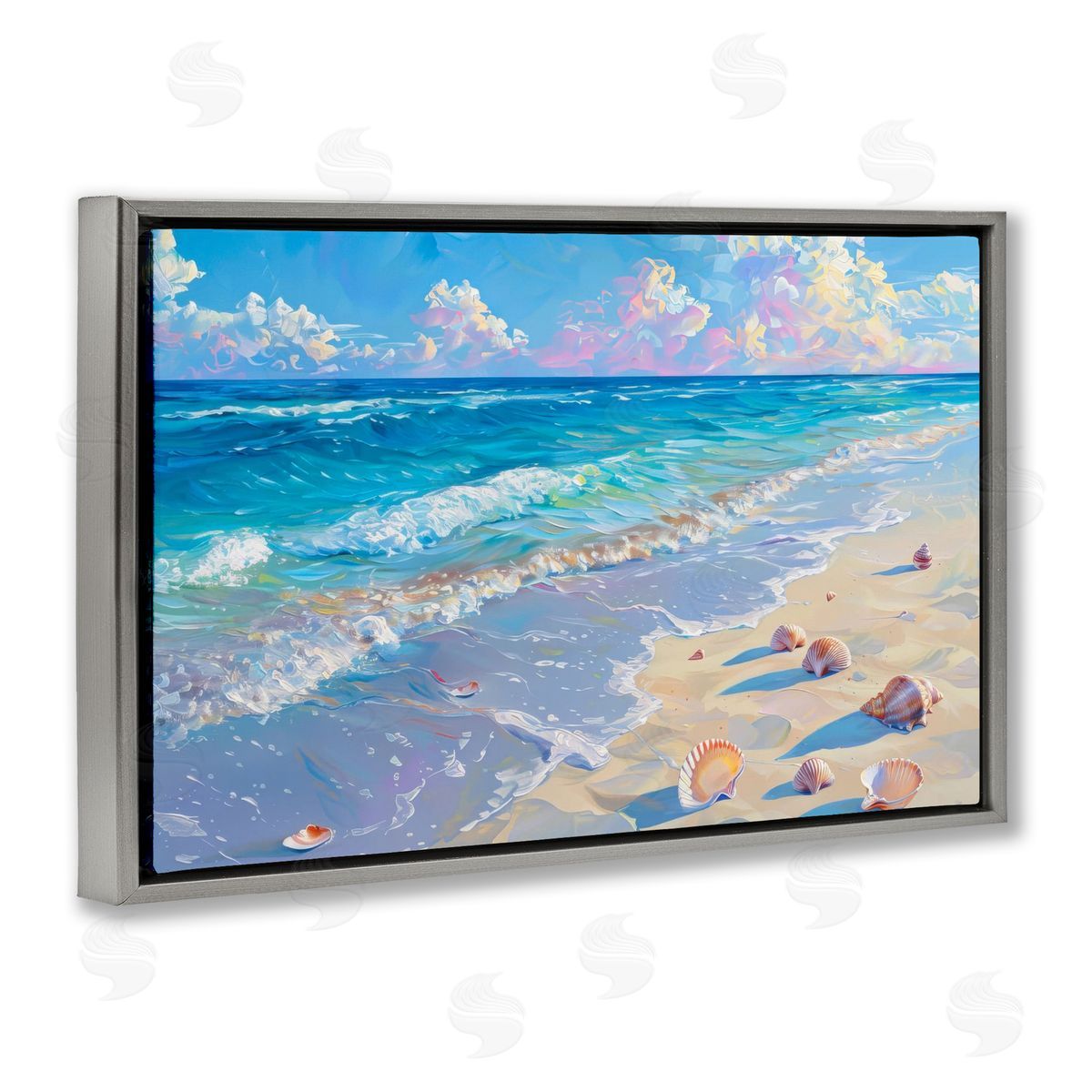 Seashells Along Sea Shore Grey Floating Frame Canvas Wall Art, Home Decor by LSR Design Studio