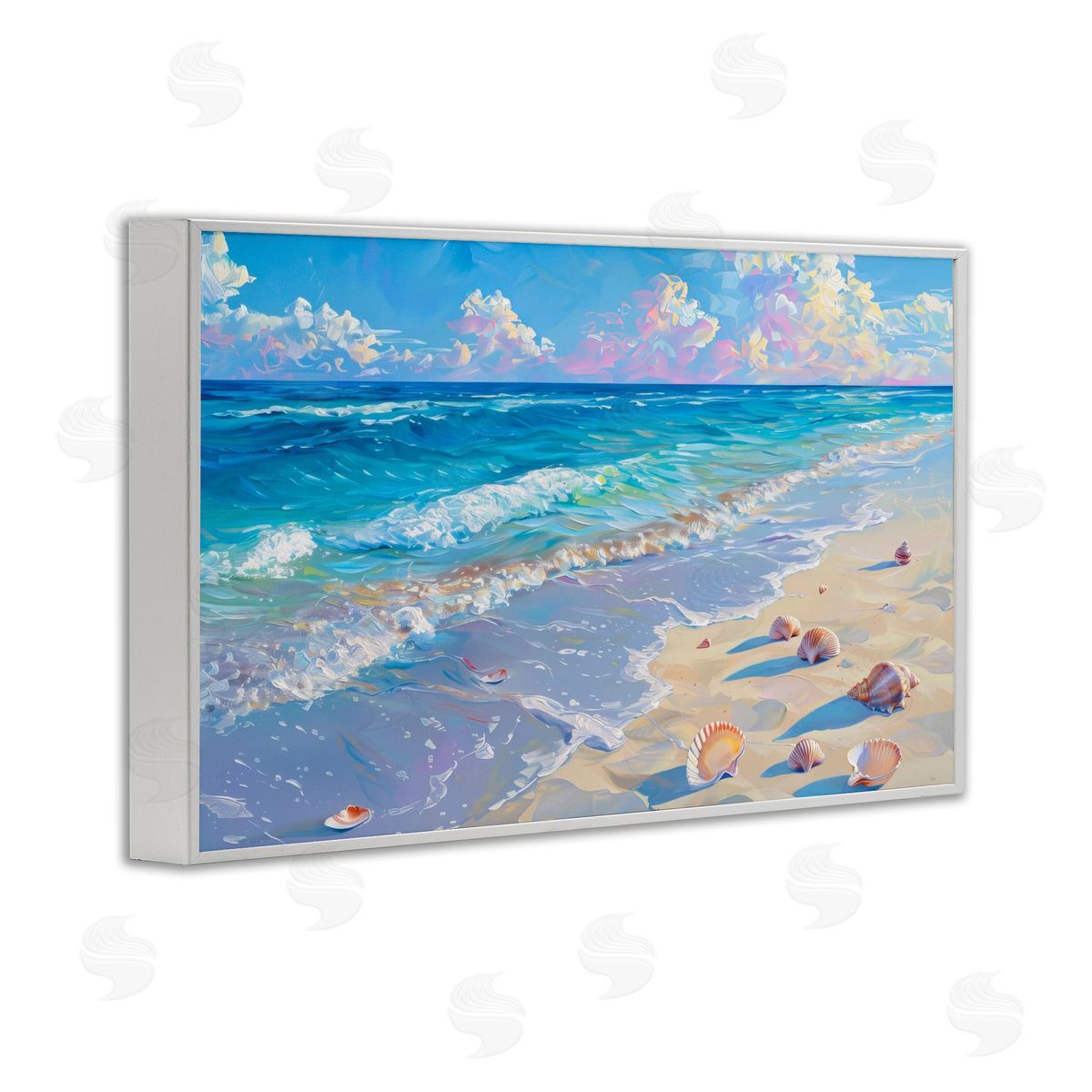 Seashells Along Sea Shore White Frame Print Wall Art, Home Decor by LSR Design Studio