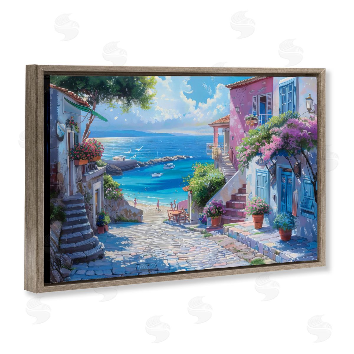 Seaside Village Cobblestones Brown Floating Frame Canvas Wall Art, Home Decor by LSR Design Studio