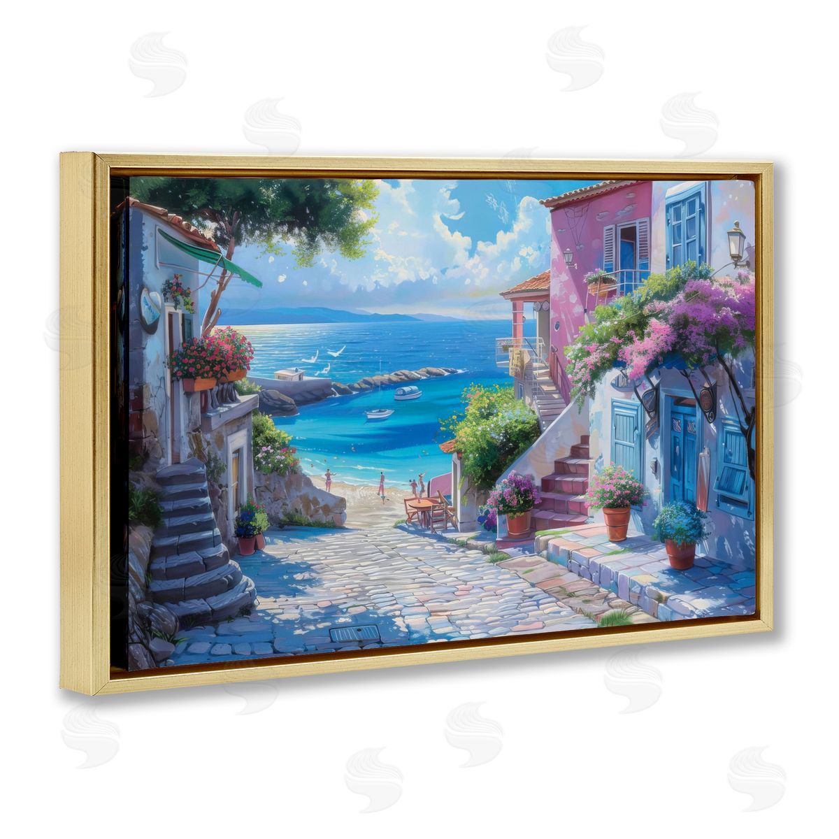 Seaside Village Cobblestones Gold Floating Frame Canvas Wall Art, Home Decor by LSR Design Studio