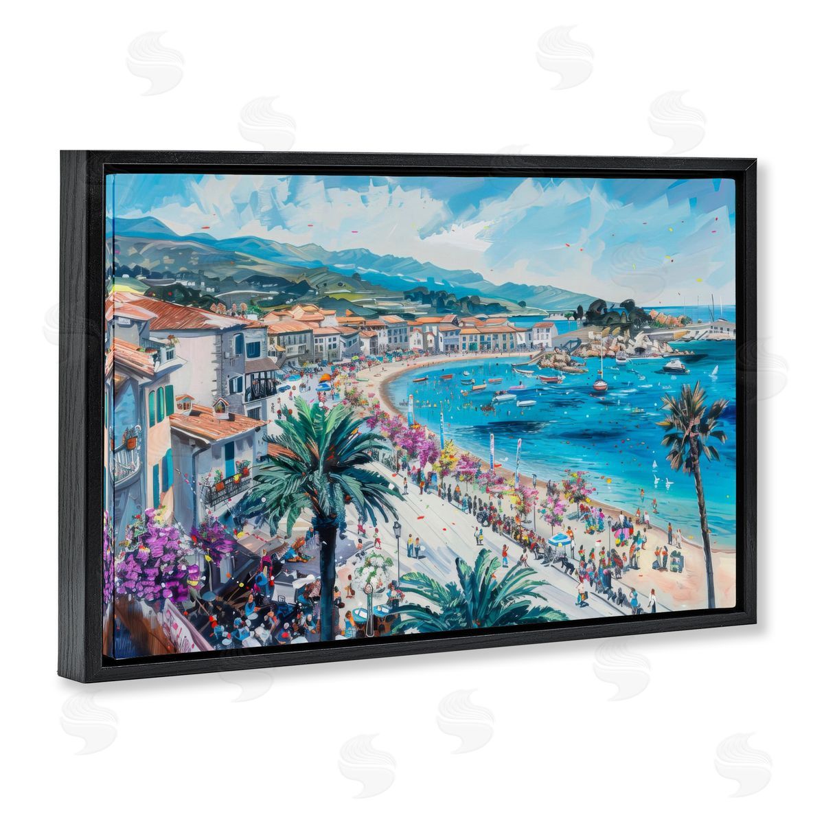 Busy Summer Beach Town Black Floating Frame Canvas Wall Art, Home Decor by LSR Design Studio