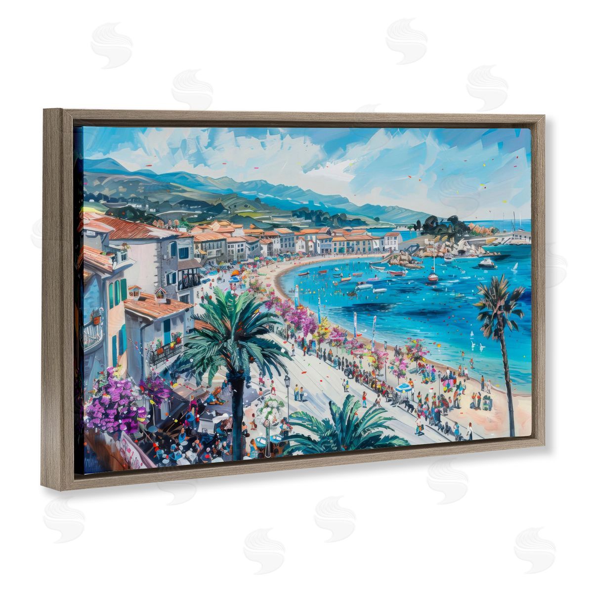 Busy Summer Beach Town Brown Floating Frame Canvas Wall Art, Home Decor by LSR Design Studio