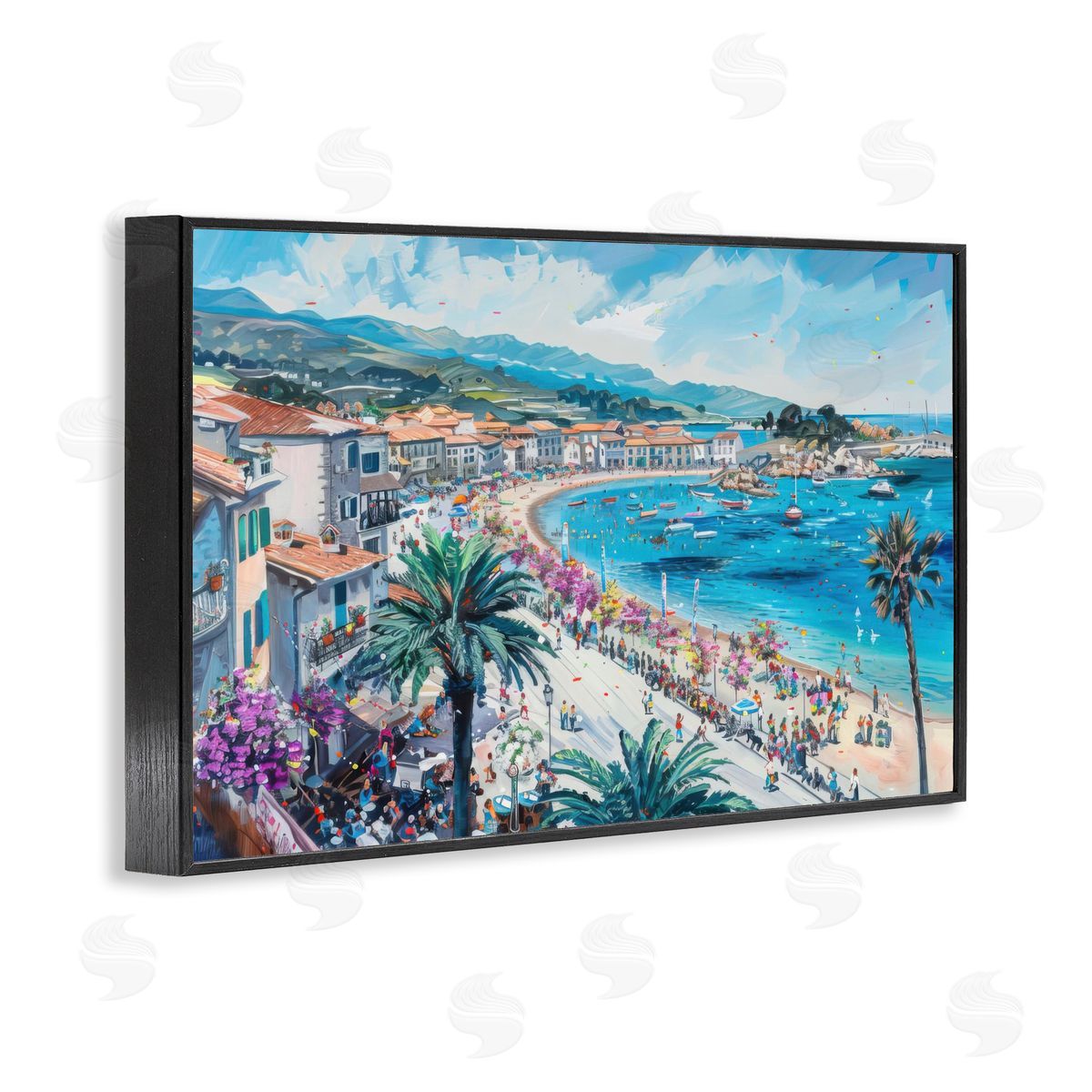Busy Summer Beach Town Black Frame Print Wall Art, Home Decor by LSR Design Studio