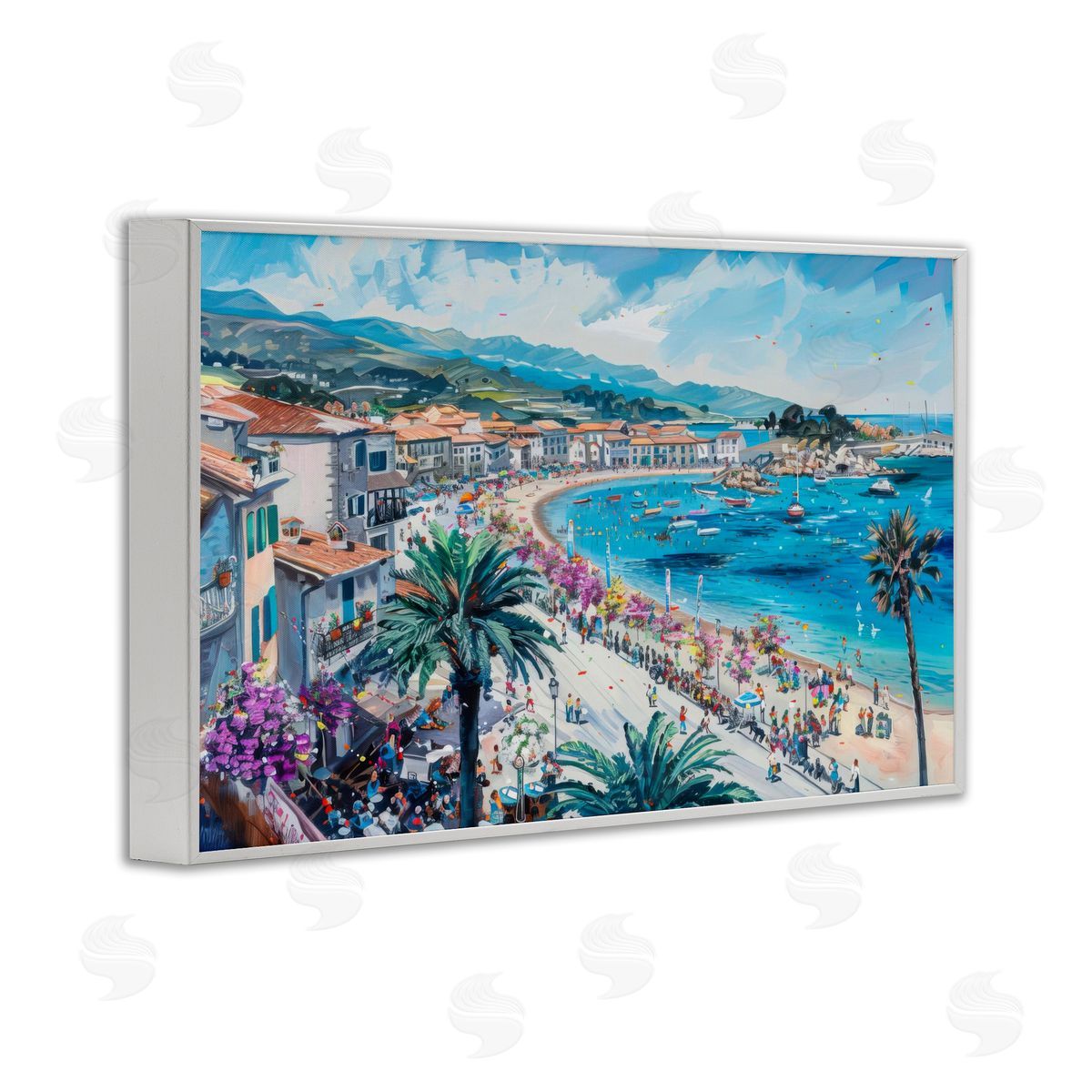 Busy Summer Beach Town White Frame Print Wall Art, Home Decor by LSR Design Studio