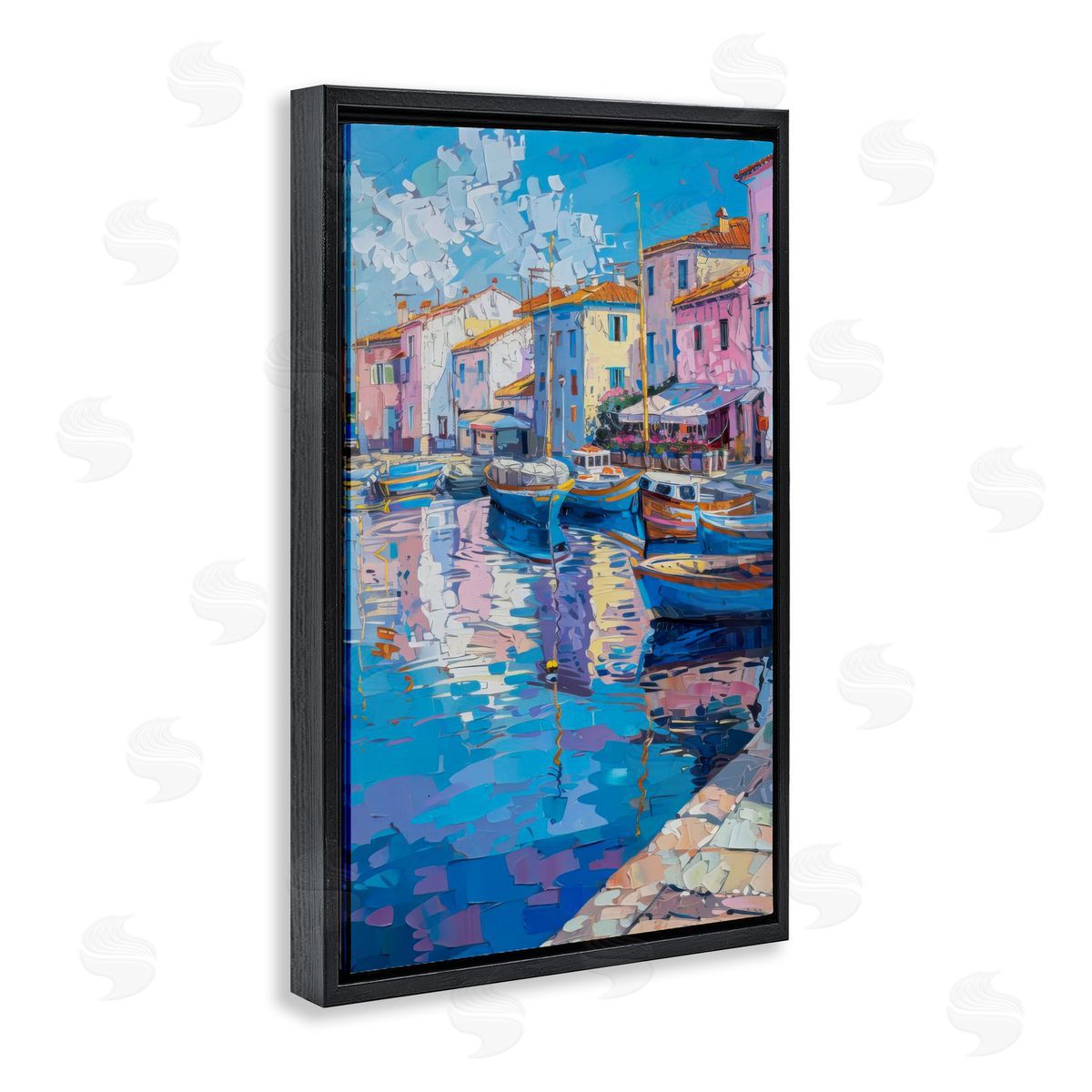 Abstract Harbor Reflection Black Floating Frame Canvas Wall Art, Home Decor by LSR Design Studio