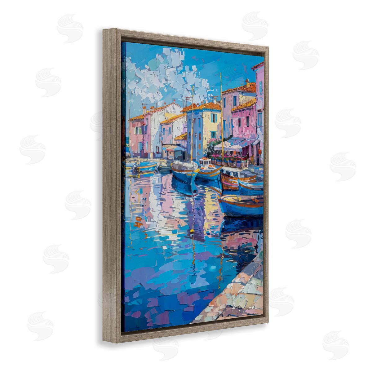 Abstract Harbor Reflection Brown Floating Frame Canvas Wall Art, Home Decor by LSR Design Studio