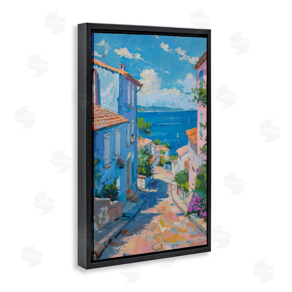 Quiet Seaside Town's Path Black Floating Frame Canvas Wall Art, Home Decor by LSR Design Studio