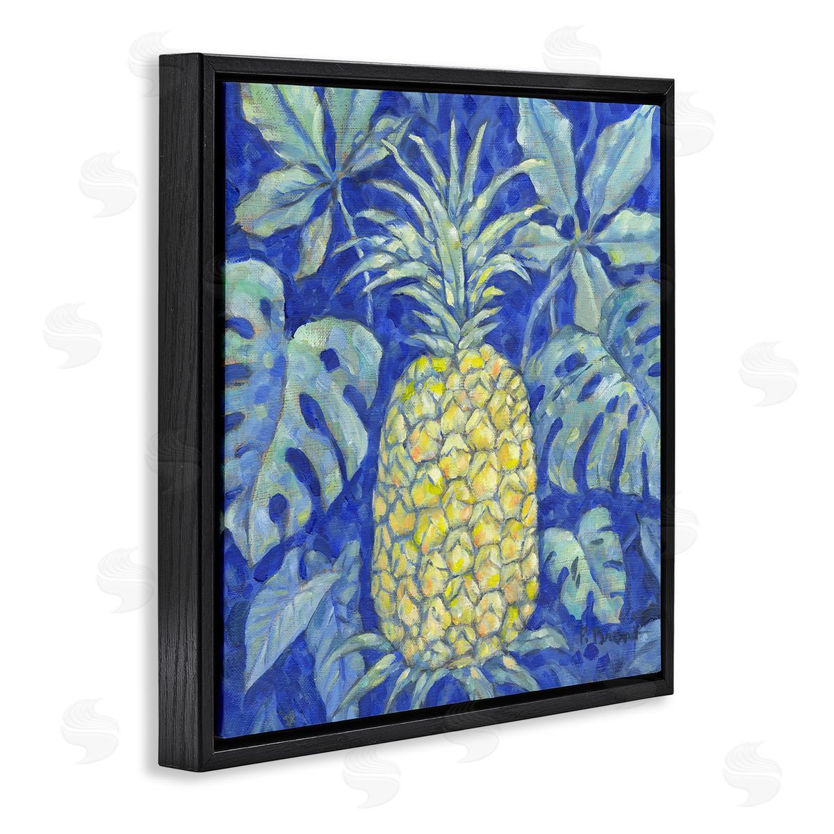 Tropical Pineapple on Blue Black Floating Frame Canvas Wall Art, Home Decor by Paul Brent