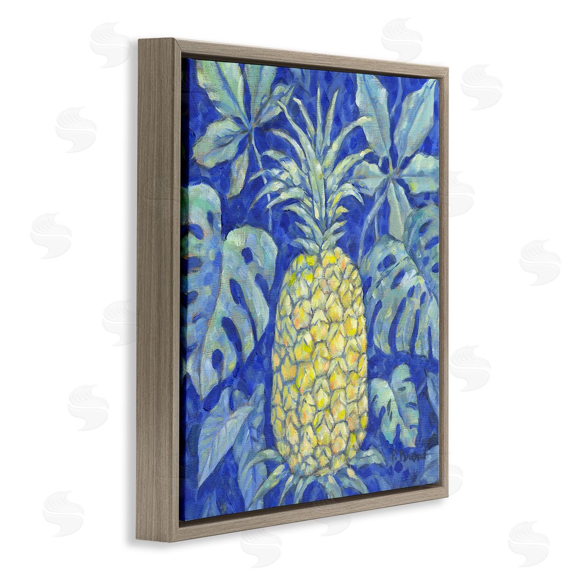 Tropical Pineapple on Blue Brown Floating Frame Canvas Wall Art, Home Decor by Paul Brent