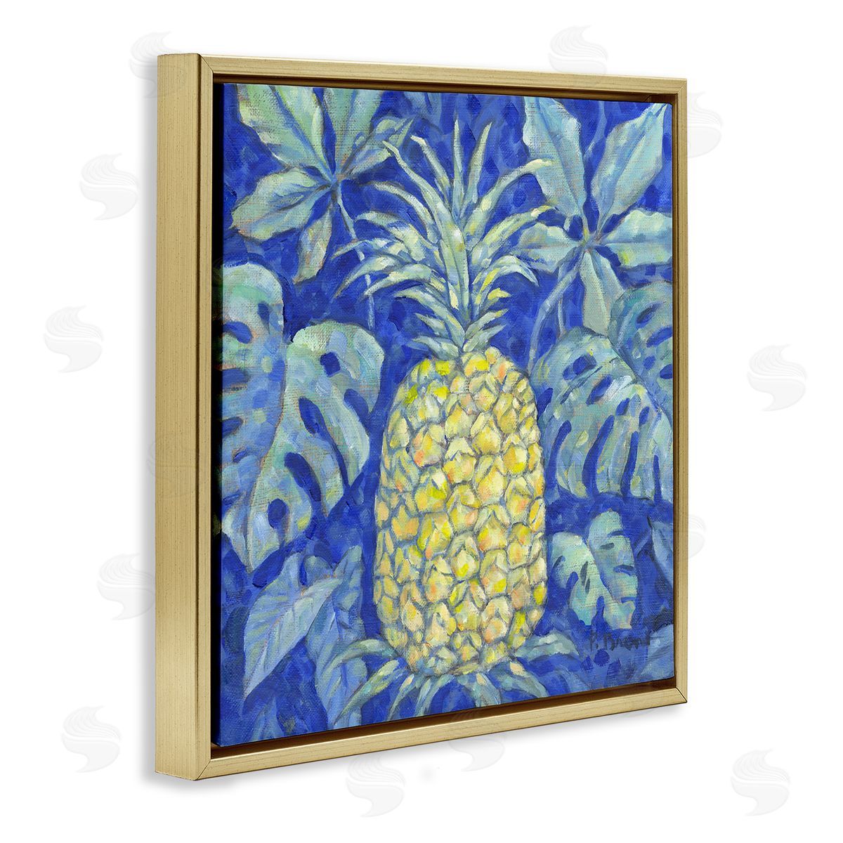 Tropical Pineapple on Blue Gold Floating Frame Canvas Wall Art, Home Decor by Paul Brent