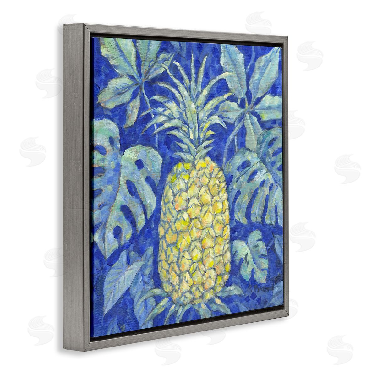 Tropical Pineapple on Blue Grey Floating Frame Canvas Wall Art, Home Decor by Paul Brent