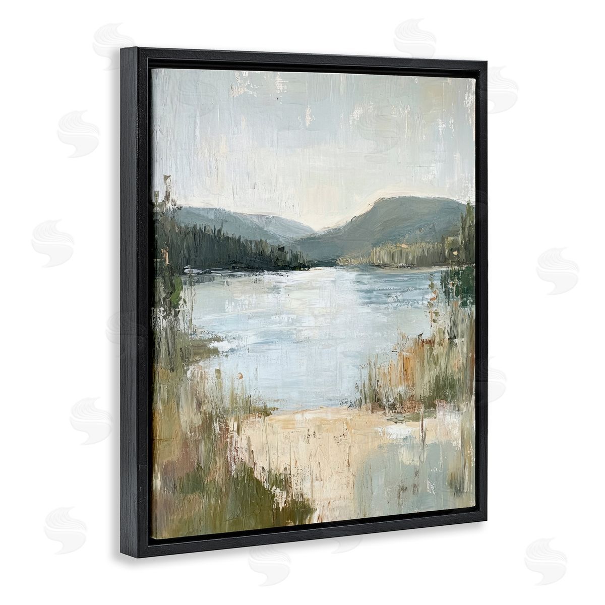 Abstract Lake Shore & Mountains Black Floating Frame Canvas Wall Art, Home Decor by Petal Prints Design