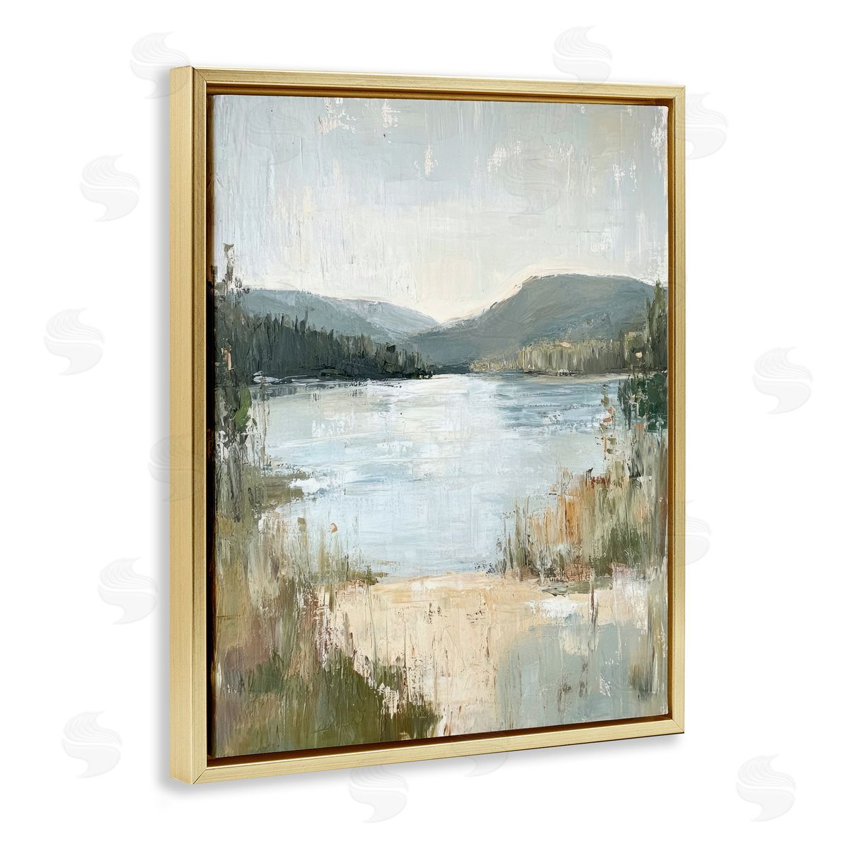 Abstract Lake Shore & Mountains Gold Floating Frame Canvas Wall Art, Home Decor by Petal Prints Design