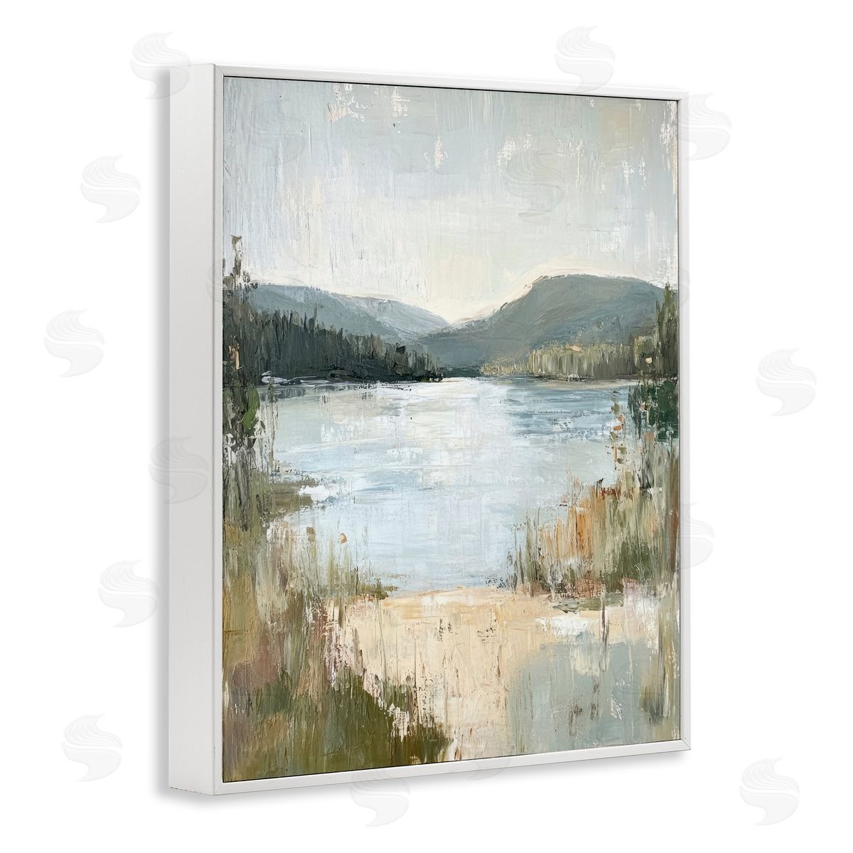 Abstract Lake Shore & Mountains White Frame Print Wall Art, Home Decor by Petal Prints Design
