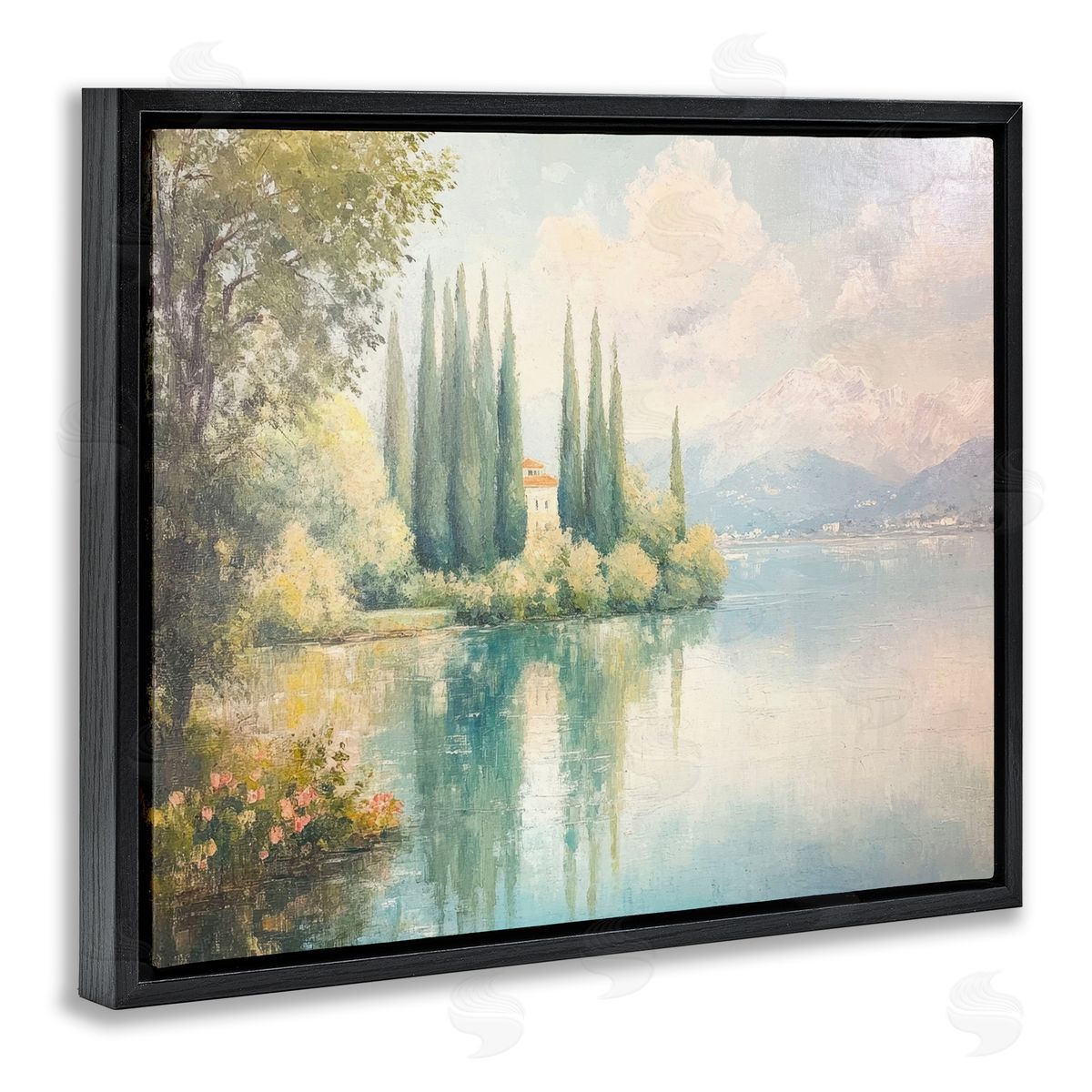 Lakeside Mansion View Black Floating Frame Canvas Wall Art, Home Decor by Petal Prints Design