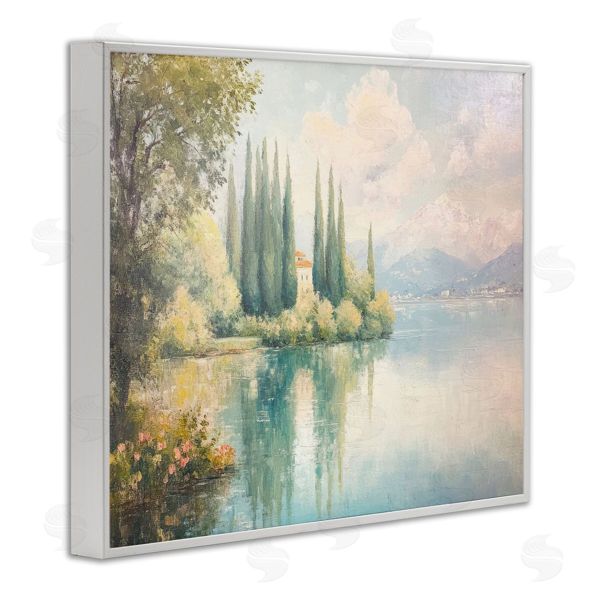 Lakeside Mansion View White Frame Print Wall Art, Home Decor by Petal Prints Design