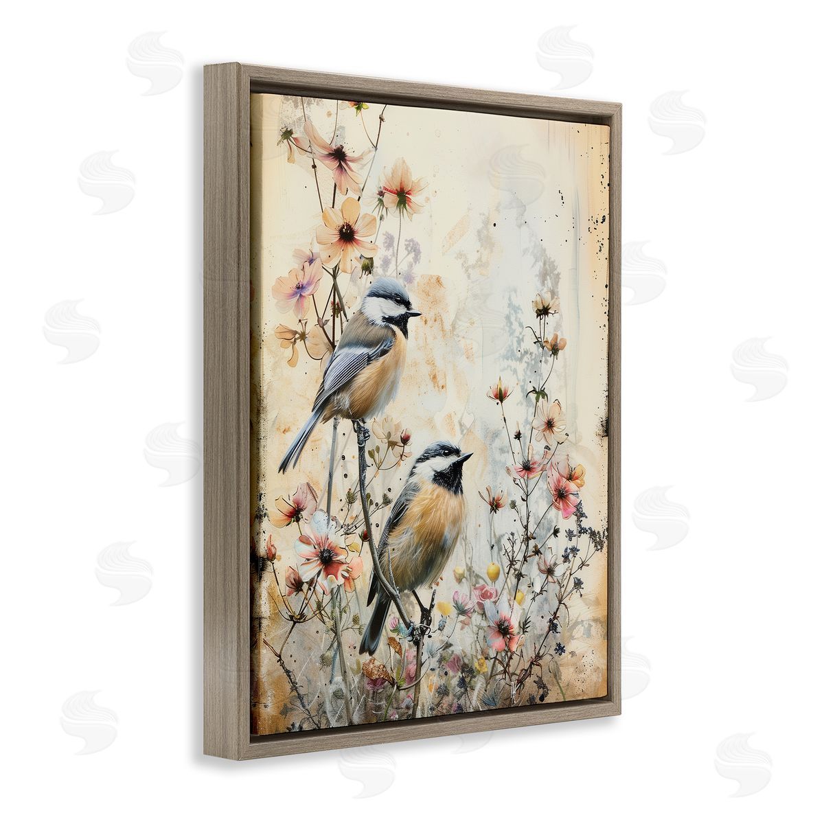 Sparrows Perched on Florals Brown Floating Frame Canvas Wall Art, Home Decor by Arlington Prints