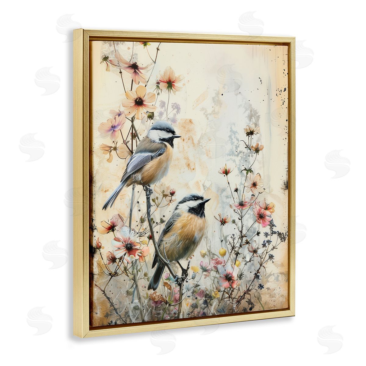 Sparrows Perched on Florals Gold Floating Frame Canvas Wall Art, Home Decor by Arlington Prints