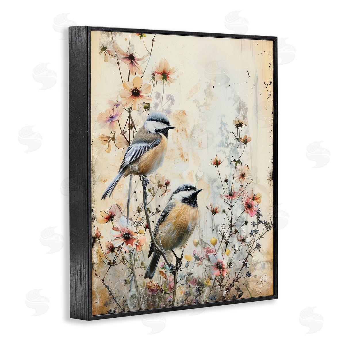 Sparrows Perched on Florals Black Frame Print Wall Art, Home Decor by Arlington Prints